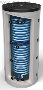 Bufor higieniczny 600L z 2 WĘŻOWNICAMI NIERDZEWNYMI 2x 7,8m2, OEM HYGIENIC HP V2 602, 2w1 - do magazynowania wody kotłowej i ogrzewania przepływowo wody użytkowej, 600 (514) litrów, wymiary 173cm x 86/70cm, wysyłka gratis