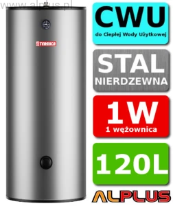 TERMICA 120L 1W nierdzewny wymiennik do CWU z 1 wężownicą 0,84m2, klasa B, Podgrzewacz CWU Bojler 120 litrów , wymiary 54cm x 126cm, WW120, Wysyłka gratis 