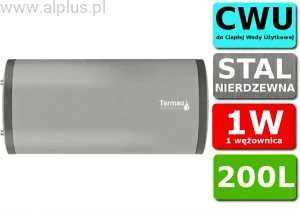 Nierdzewny poziomy 200L 1W TERMSO bojler podgrzewacz CWU z 1 Wężownicą potrójną 0,74m2, 200 litrów, wymiary 110x60cm, Wysyłka Gratis