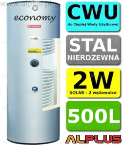 TERMICA 500L 2W Economy Nierdzewka z  2 Wężownicami, Zbiornik Podgrzewacz CWU Wymiennik Bojler Nierdzewna Stal, Wysyłka gratis